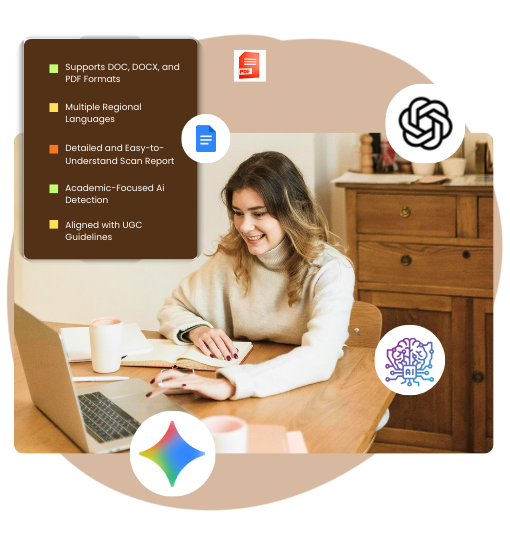 Young man celebrating success while working on a laptop, surrounded by icons representing plagiarism check, AI-generated content, and normal content.